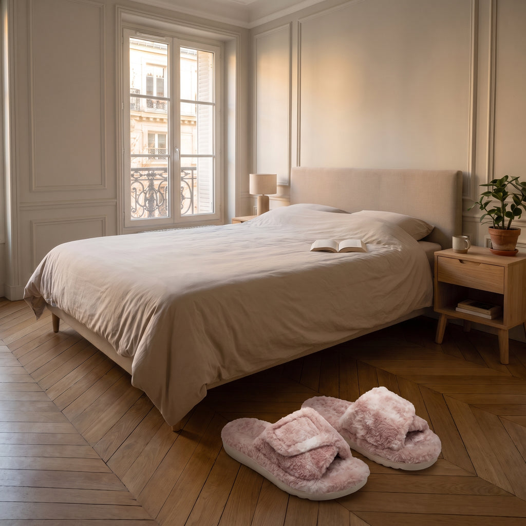 Mules femme rose et blanc à bride réglable dans une chambre