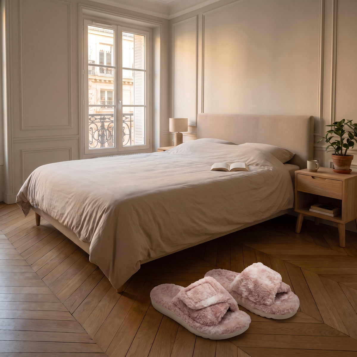 Mules femme rose et blanc à bride réglable dans une chambre