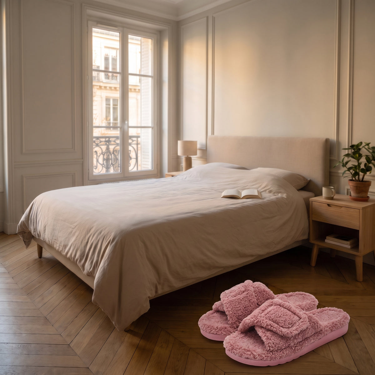 Mules femme rose à bride réglable dans une chambre