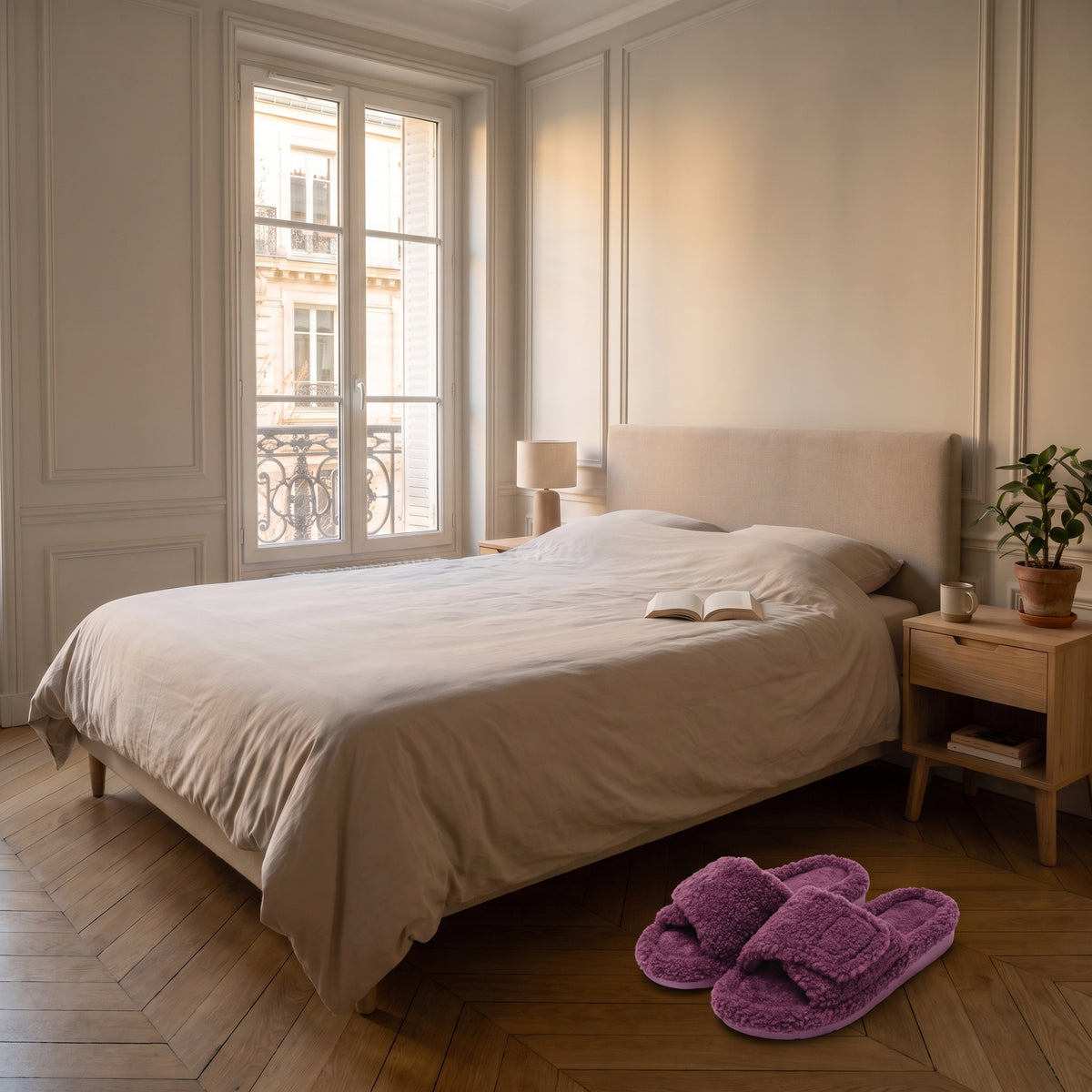 Mules femme violet à bride réglable dans une chambre