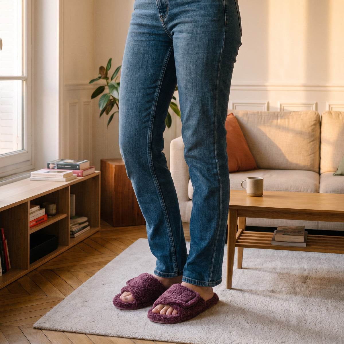 Mules femme violettes portées aux pieds