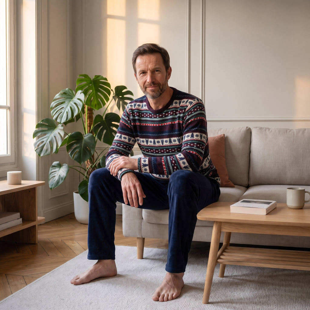 Homme assis sur le canapé en pyjama polaire à jacquard nordique bleu marine, crème et rouge