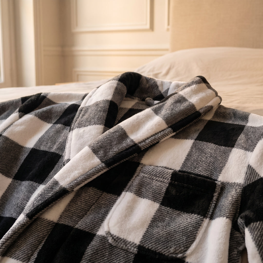 Détail du col et des carreaux noir et blanc de la robe de chambre