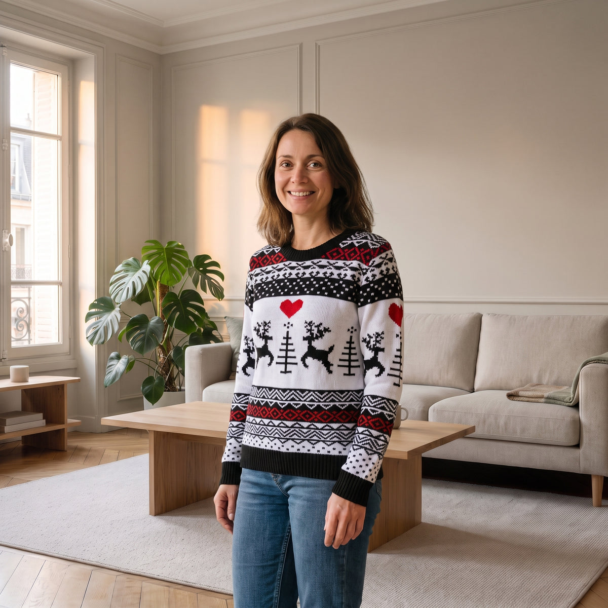 Pull de Noël femme noir et blanc à frises fidèles porté dans le salon