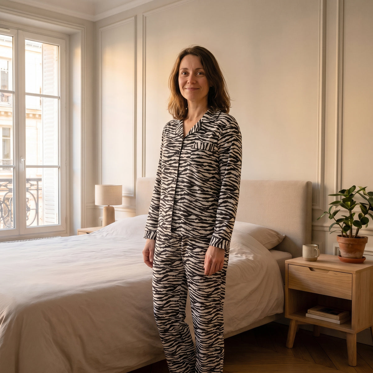 Femme portant le pyjama satiné noir et blanc à motif zèbre dans une chambre lumineuse