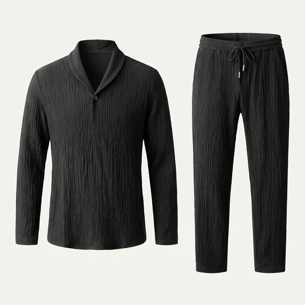 Haut et pantalon noirs texturés présentés en vue détourée