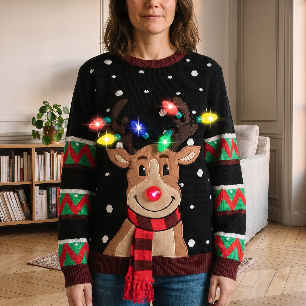 Détail du pull de Noël noir à renne lumineux dans un coin lecture