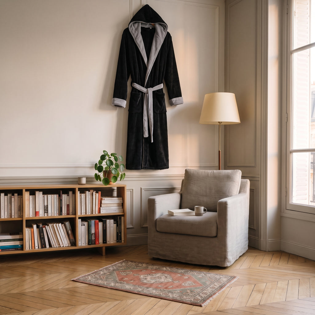 Robe de chambre homme noire et grise suspendue dans le coin lecture