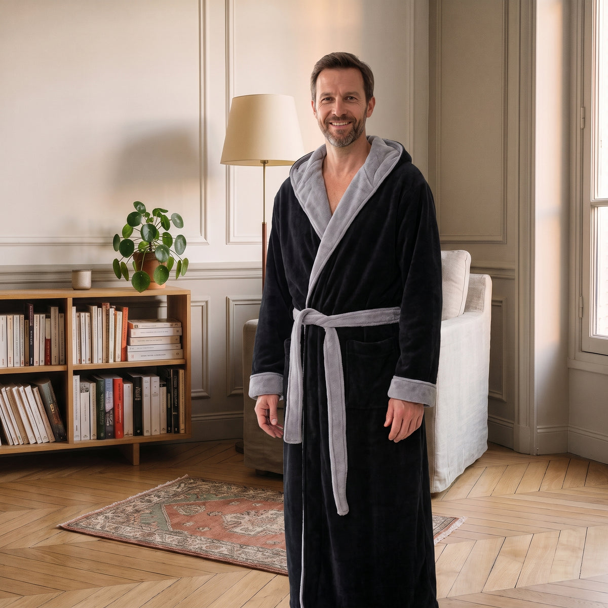 Homme portant une robe de chambre longue noire et grise dans un coin lecture
