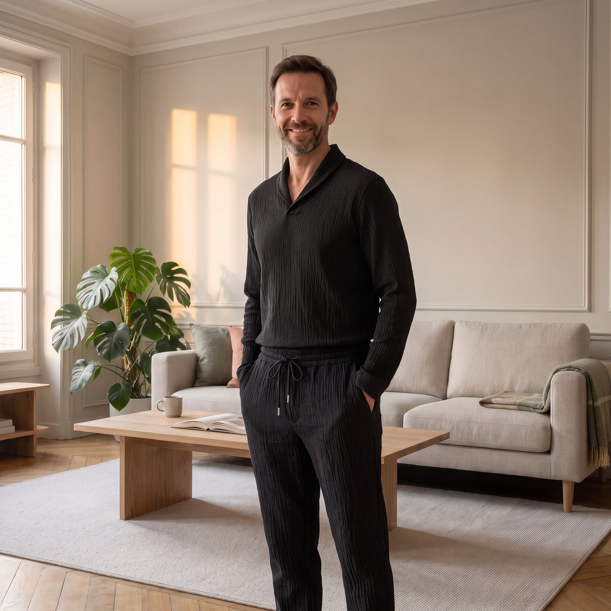 Homme portant l’ensemble noir texturé, les mains dans les poches latérales du pantalon