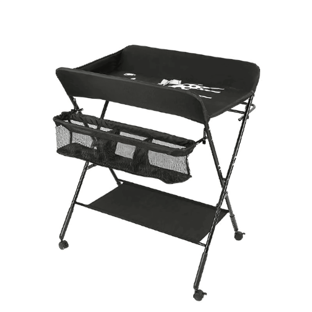Table à langer noire pliable vue d'ensemble sur fond neutre