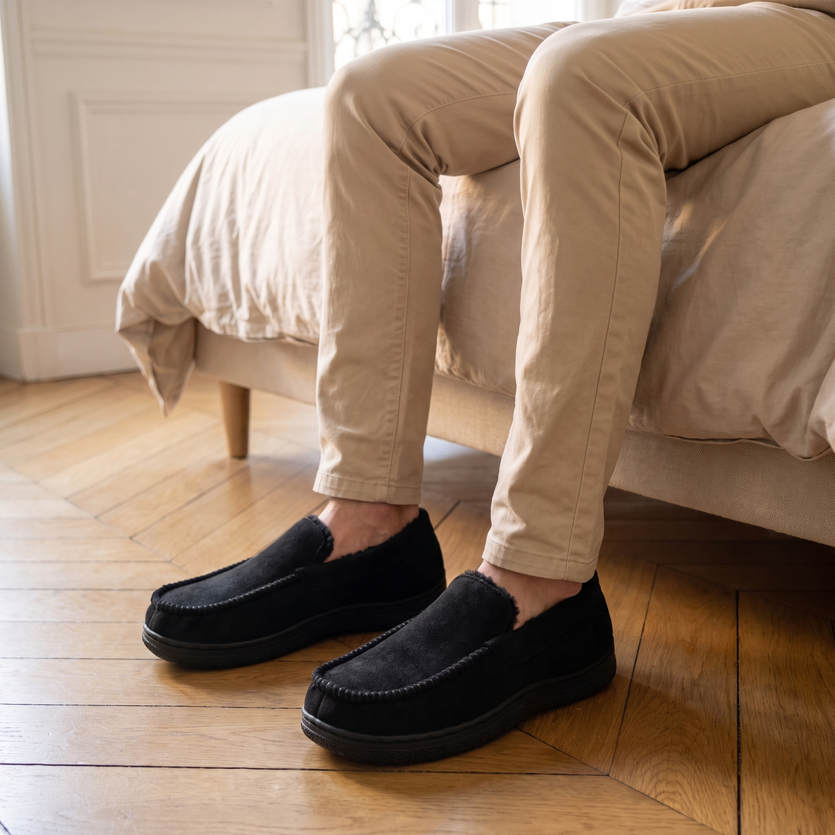 Mocassins chaussons homme noirs portés dans une chambre