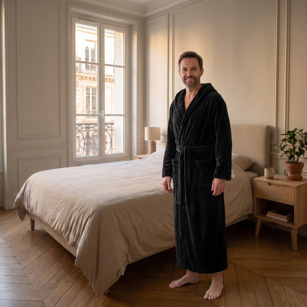 Robe de chambre longue homme noire portée dans une chambre lumineuse