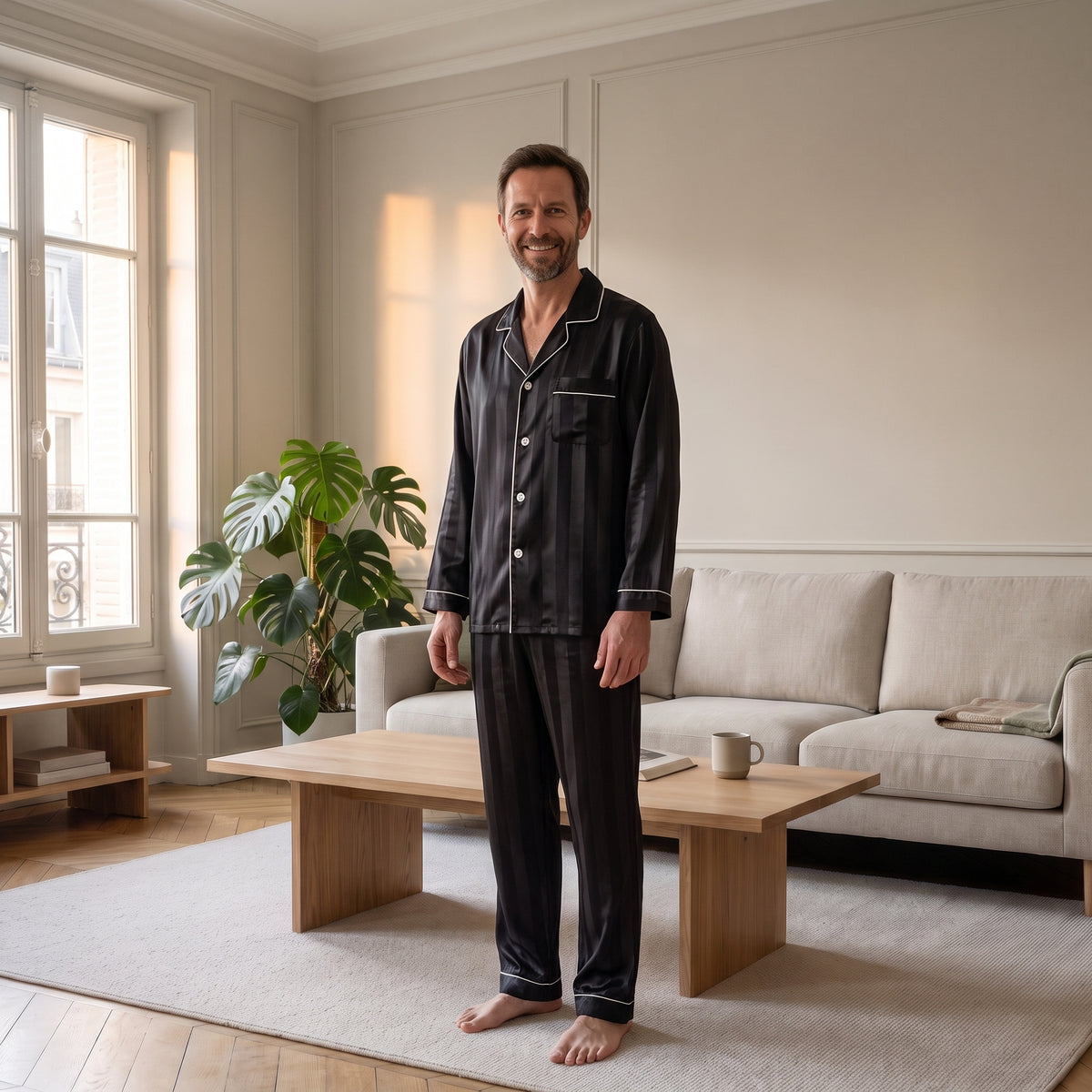 Homme du casting portant le pyjama noir debout près de la fenêtre