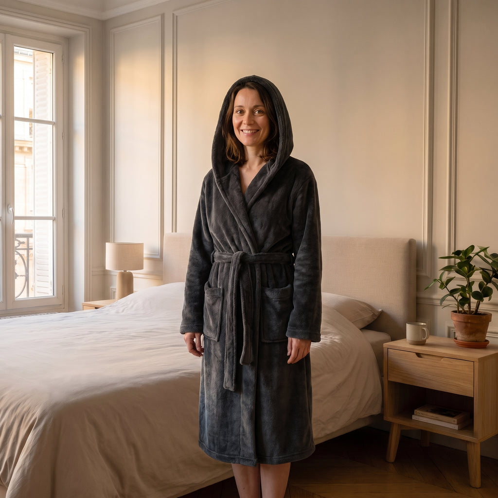 Femme du casting portant la robe de chambre longue Noire à capuche dans la chambre