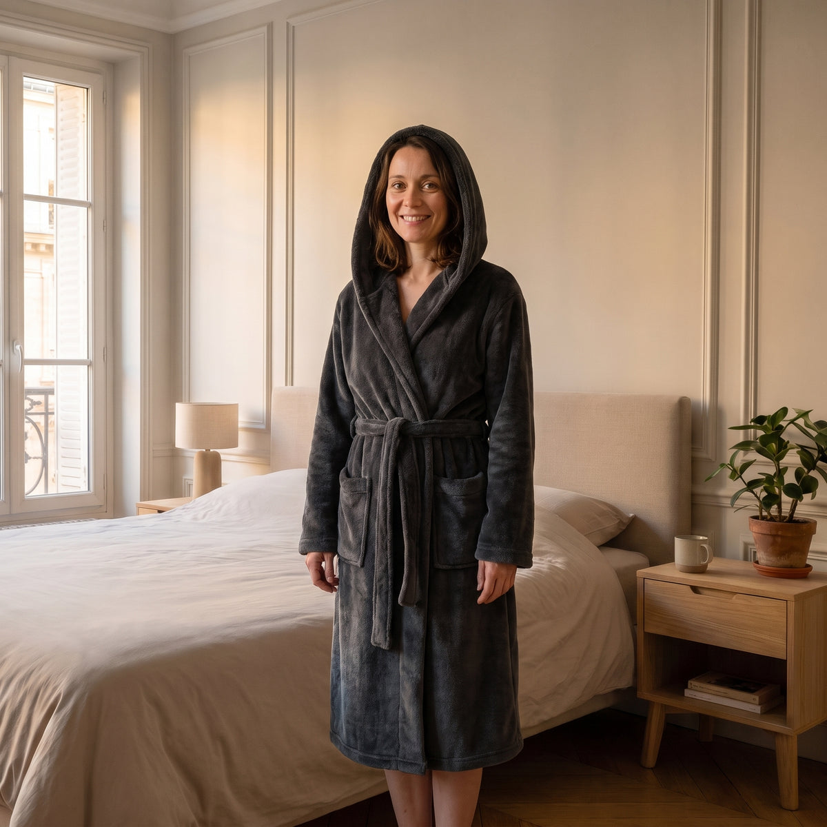 Femme du casting portant la robe de chambre longue Noire à capuche dans la chambre