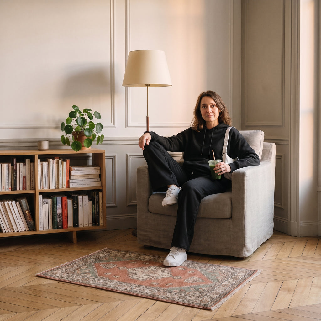 Ensemble jogging femme noir porté dans un intérieur lumineux