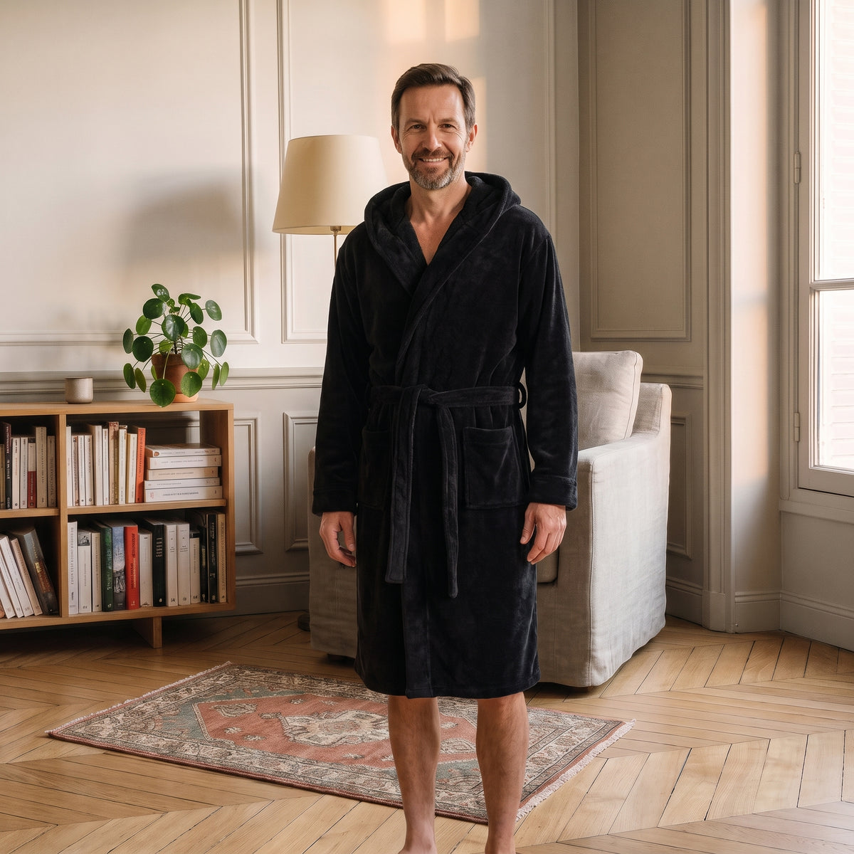 Homme du casting portant la robe de chambre Noire à capuche dans le coin lecture