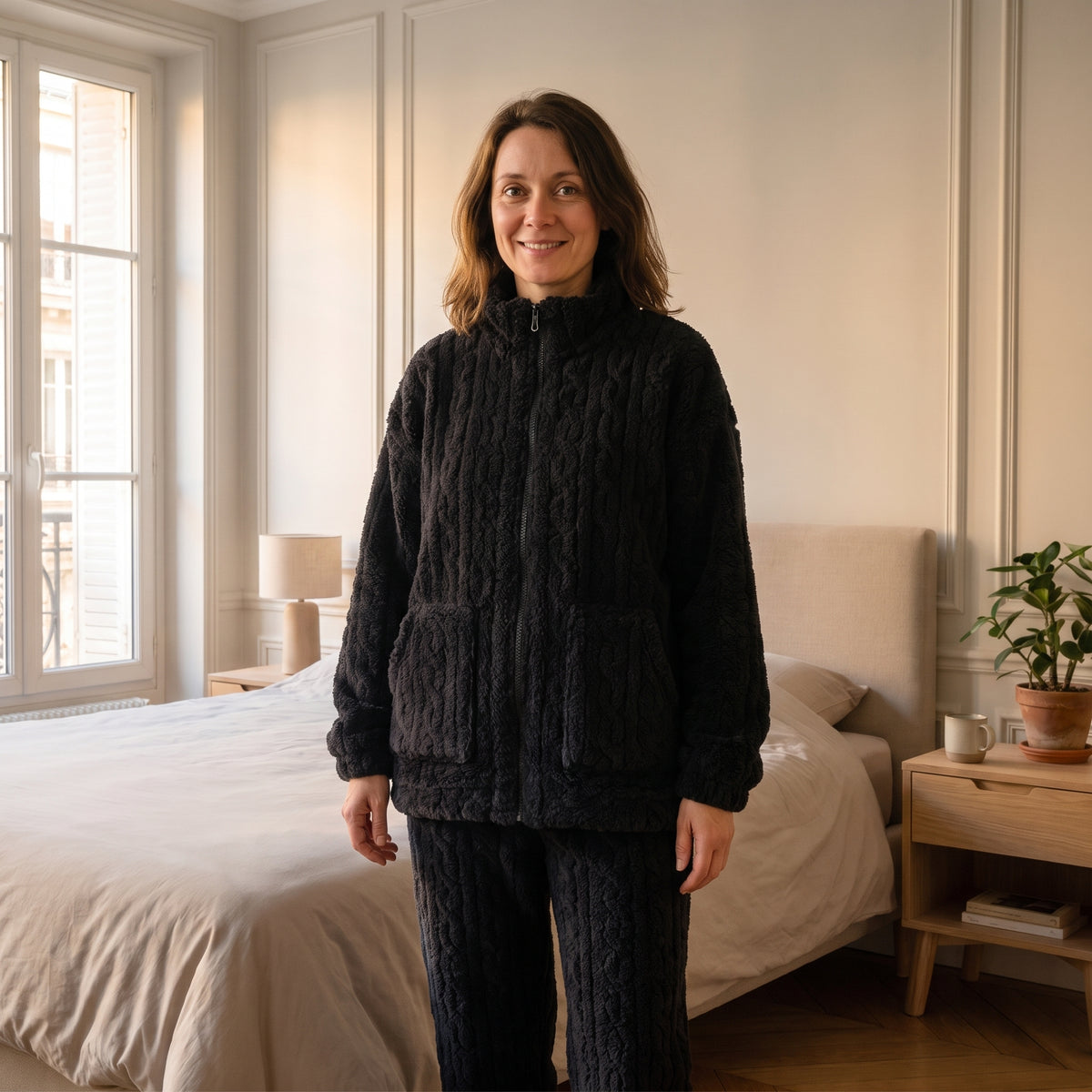 Pyjama polaire femme noir à relief torsadé porté dans une chambre