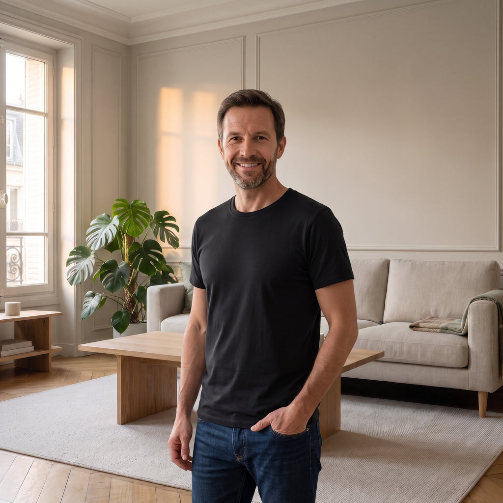 T-shirt noir en coton porté par un homme debout dans un salon