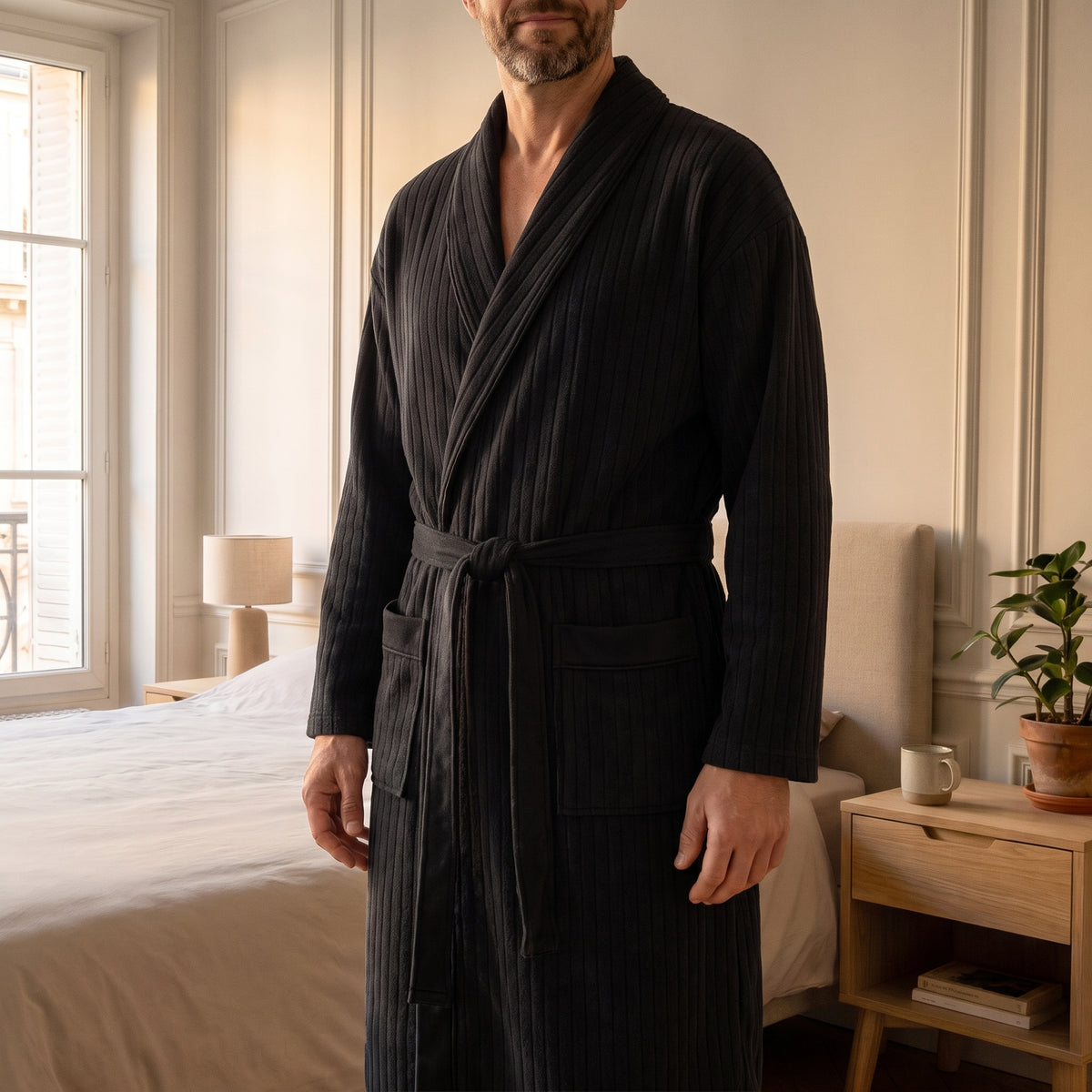 Robe de chambre homme noire rayée portée dans la chambre