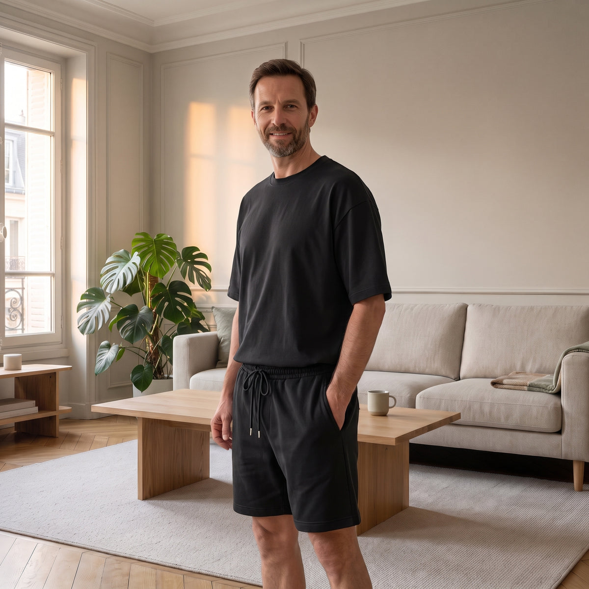Homme du casting portant l’ensemble noir à t-shirt et short dans le salon