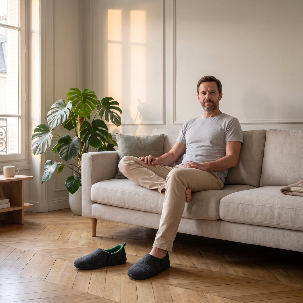 Chaussons homme noirs portés dans un salon lumineux
