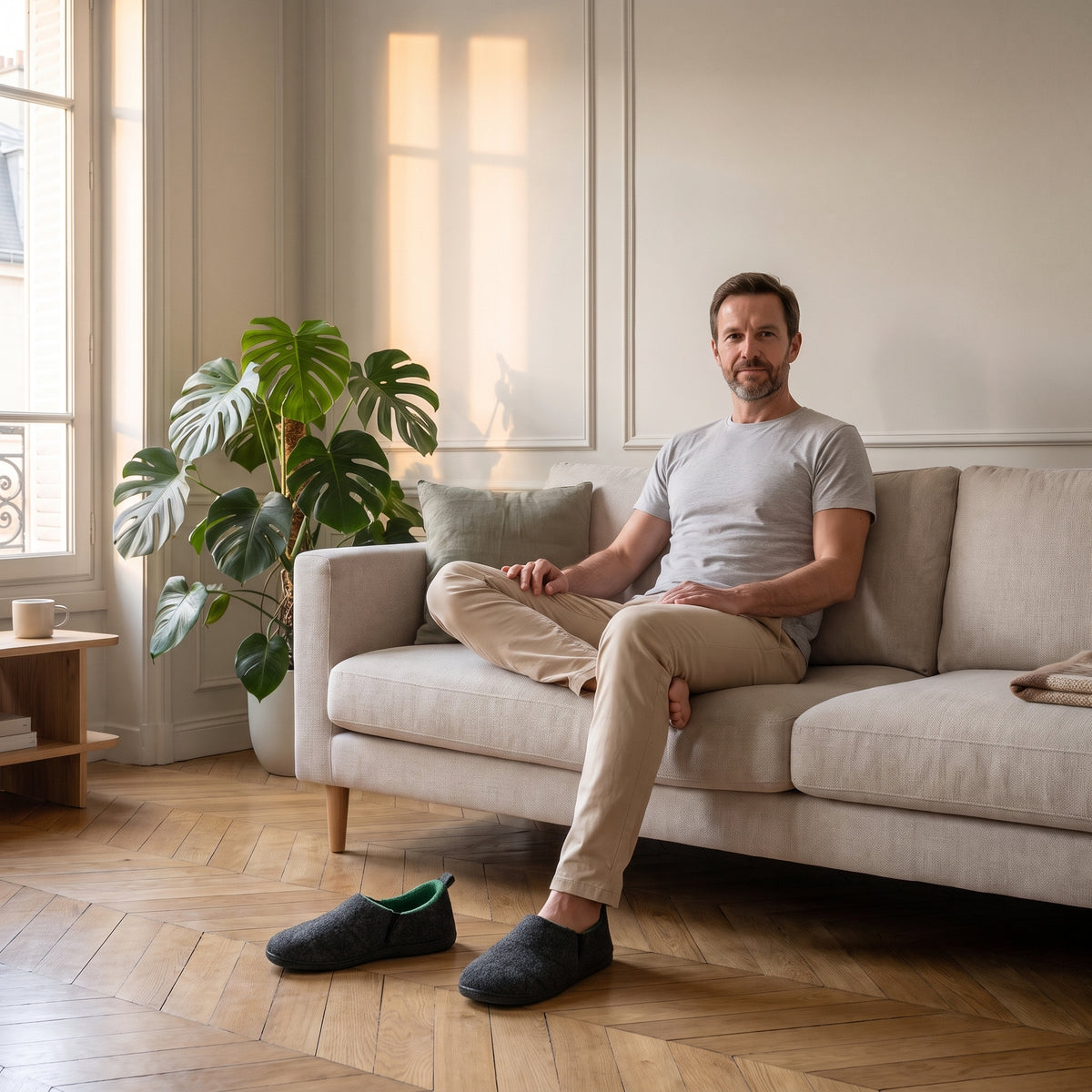 Chaussons homme noirs portés dans un salon lumineux