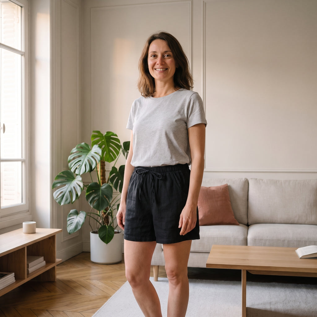 Short femme en coton et lin noir porté dans un salon