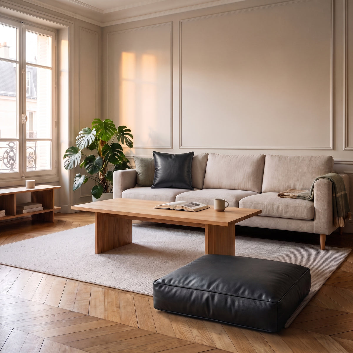 Coussin de sol noir en simili cuir