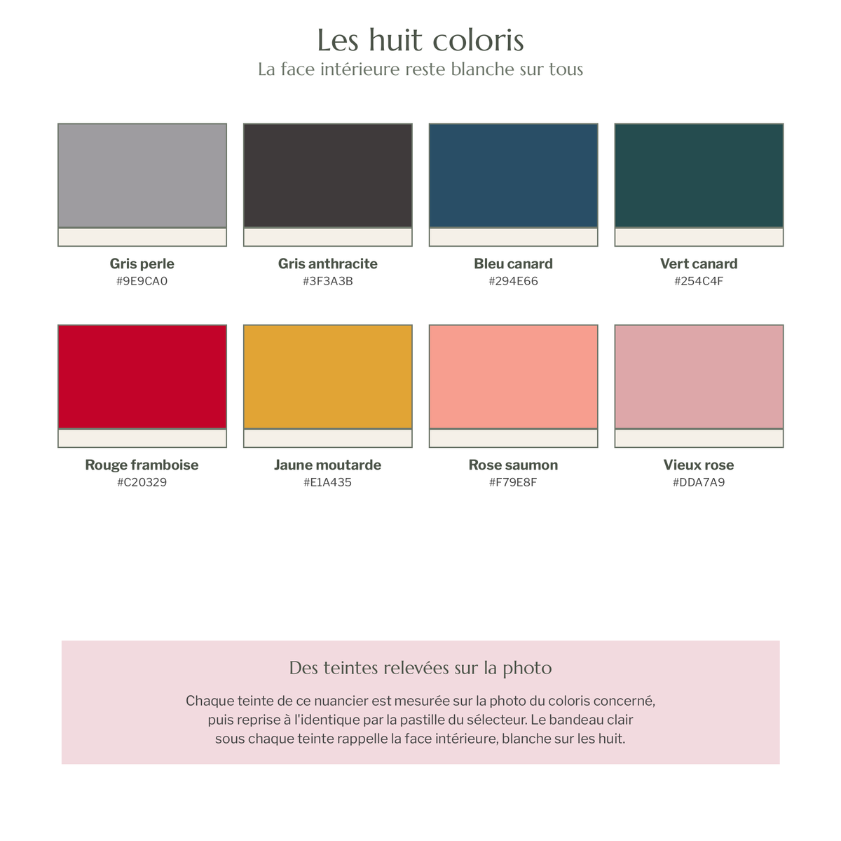 Nuancier des huit coloris du plaid, gris perle, gris anthracite, bleu canard, vert canard, rouge framboise, jaune moutarde, rose saumon et vieux rose, chacun avec le bandeau blanc de sa face intérieure
