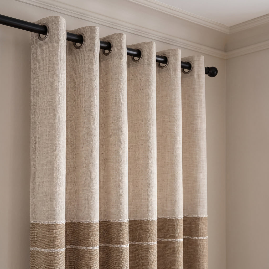 Gros plan sur les œillets métalliques du rideau d'ombrage beige enfilés sur une tringle noire