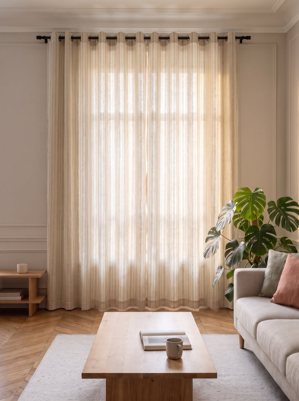 Rideau beige effet lin à rayures brodées fermé devant la fenêtre entière du salon