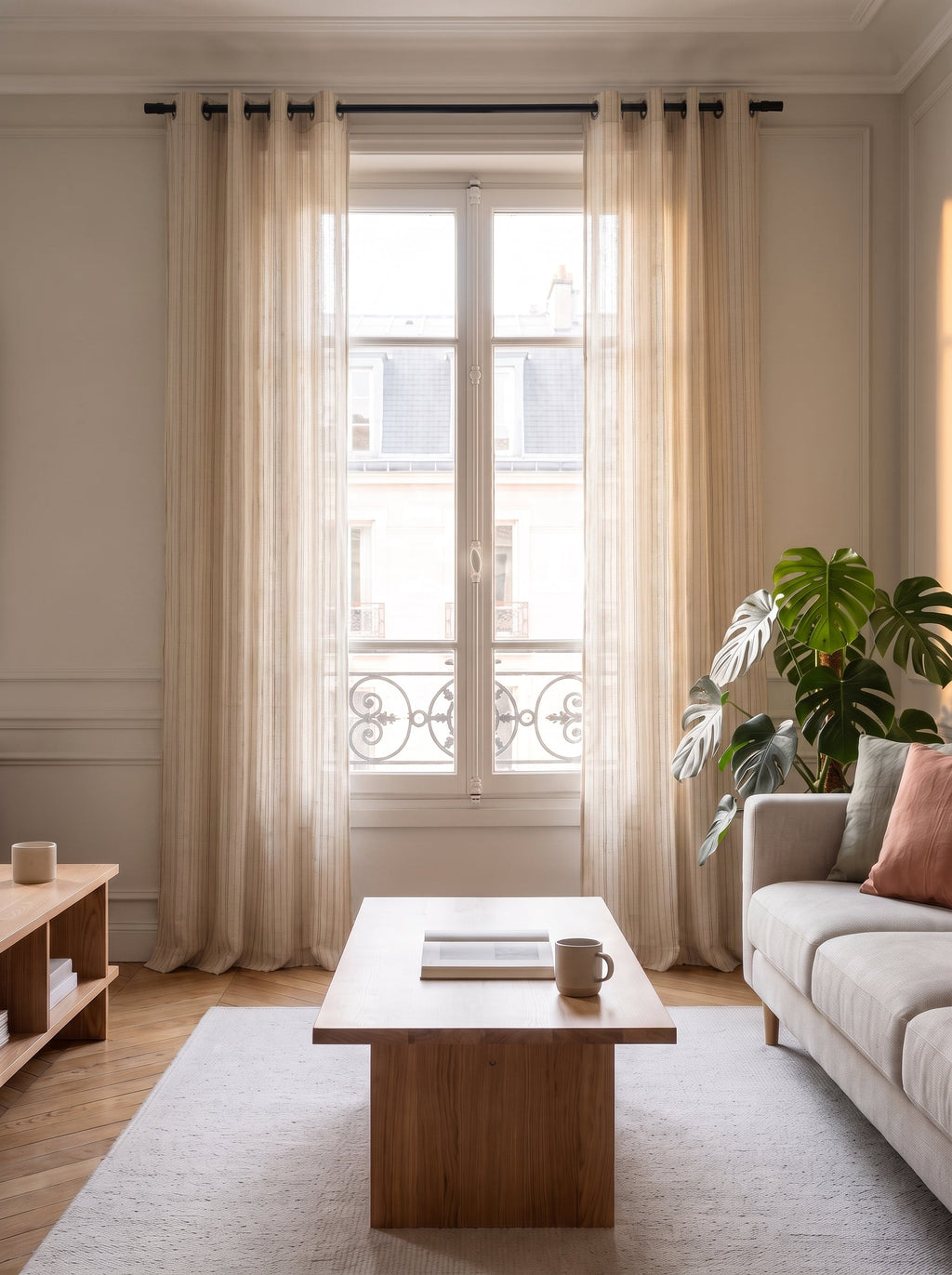 Rideau beige effet lin à rayures brodées ouvert de part et d’autre de la fenêtre