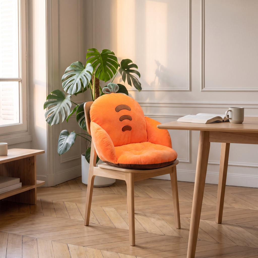 Coussin de chaise orange à motif carotte, installe sur une chaise en bois du coin repas