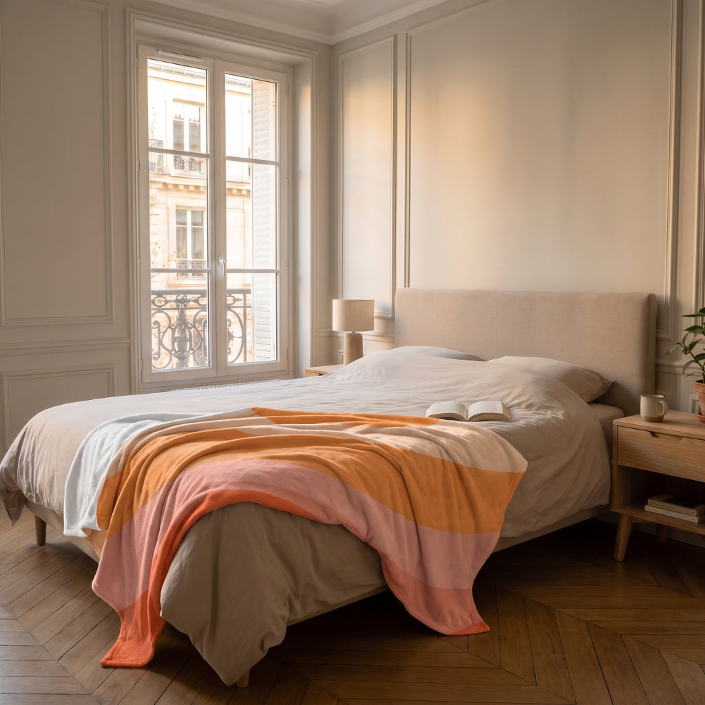 Plaid polaire soleil couchant déplié en travers d'un lit