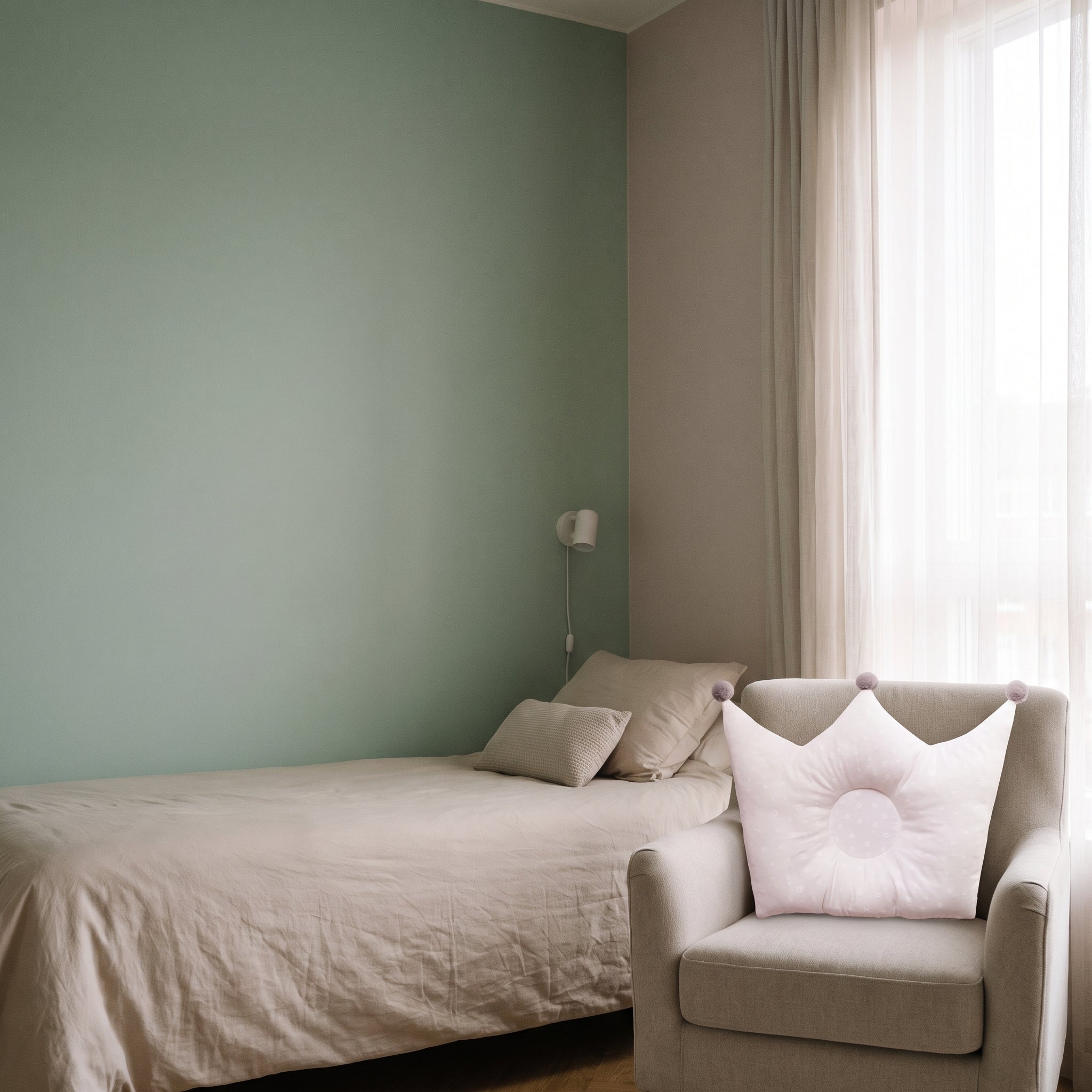 Oreiller couronne blanc à petits motifs floraux clairs sur un fauteuil près du lit Image