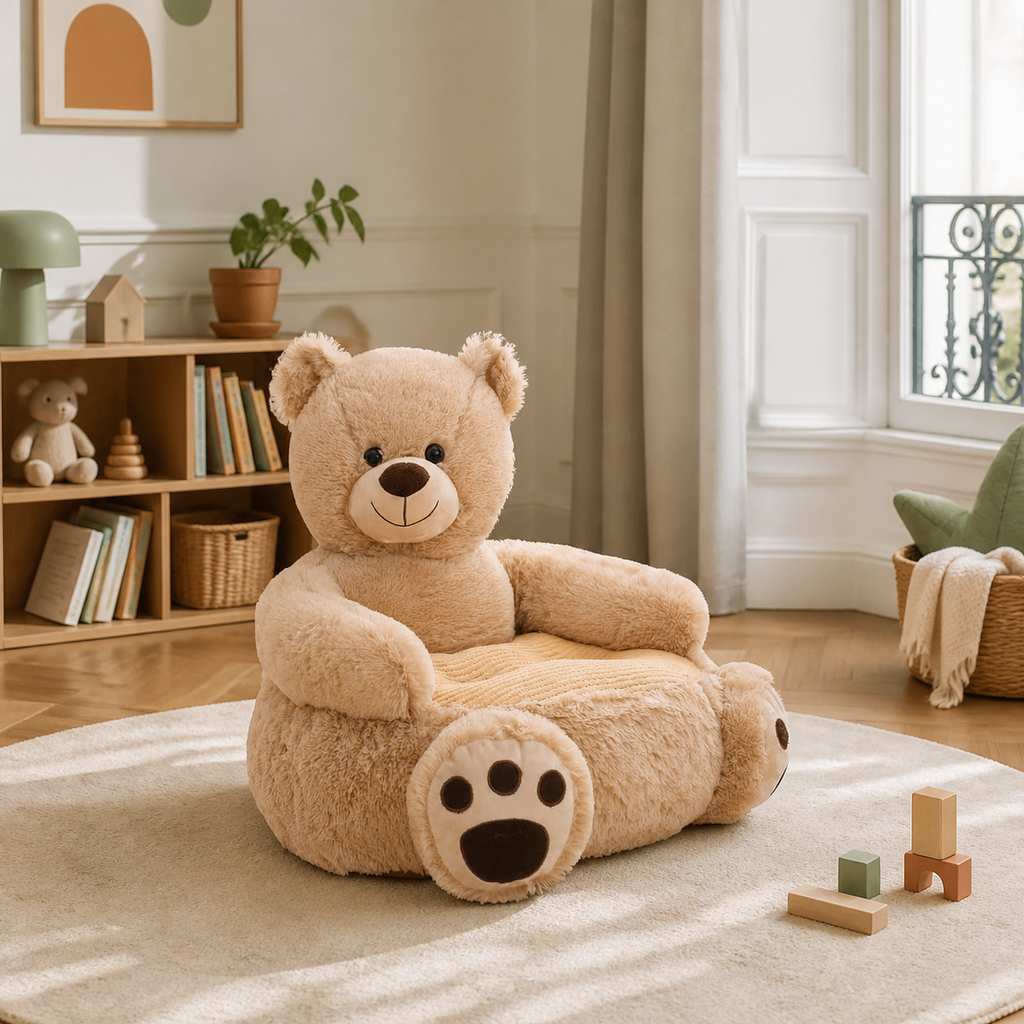 Fauteuil enfant ours beige dans une chambre lumineuse