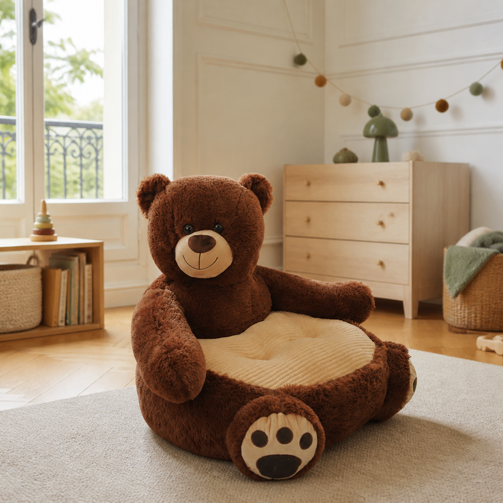 Fauteuil enfant ours brun dans un coin lecture