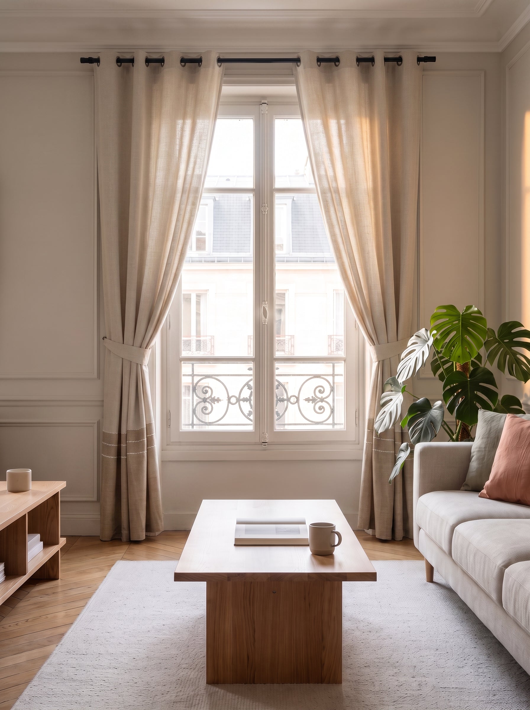 Deux pans du rideau d'ombrage beige ouverts de part et d'autre d'une fenêtre de salon Image