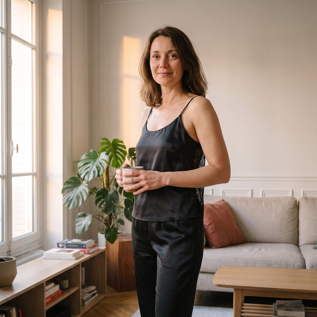 Femme portant l ensemble de nuit en satin noir dans son salon, debardeur a bretelles fines et pantalon long