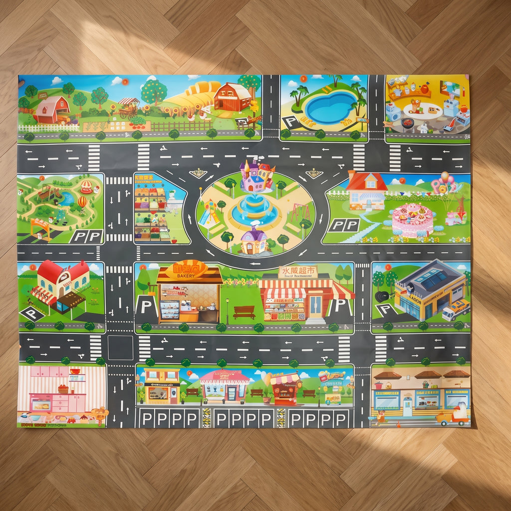 Tapis de jeu circuit voiture décor Village et campagne vu du dessus