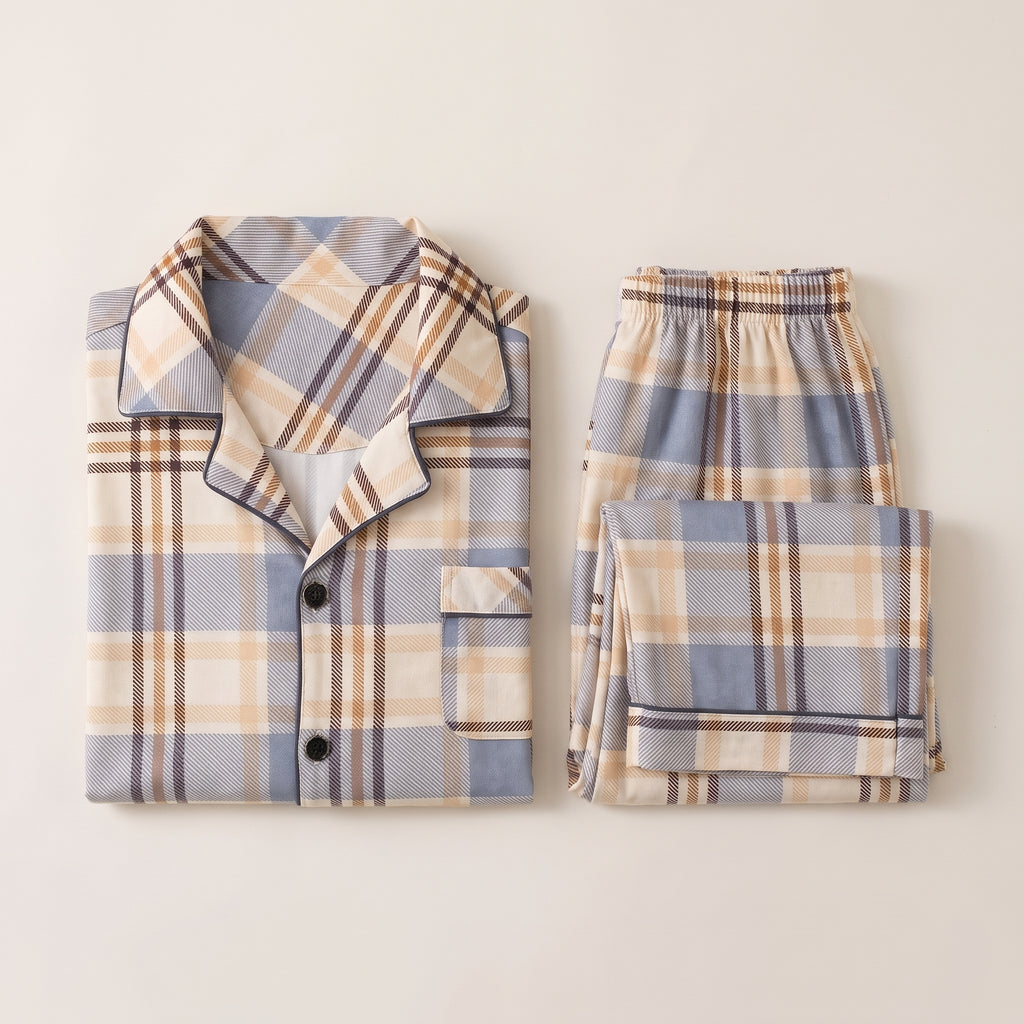 Pyjama à carreaux boutonné pour homme, motif beige
