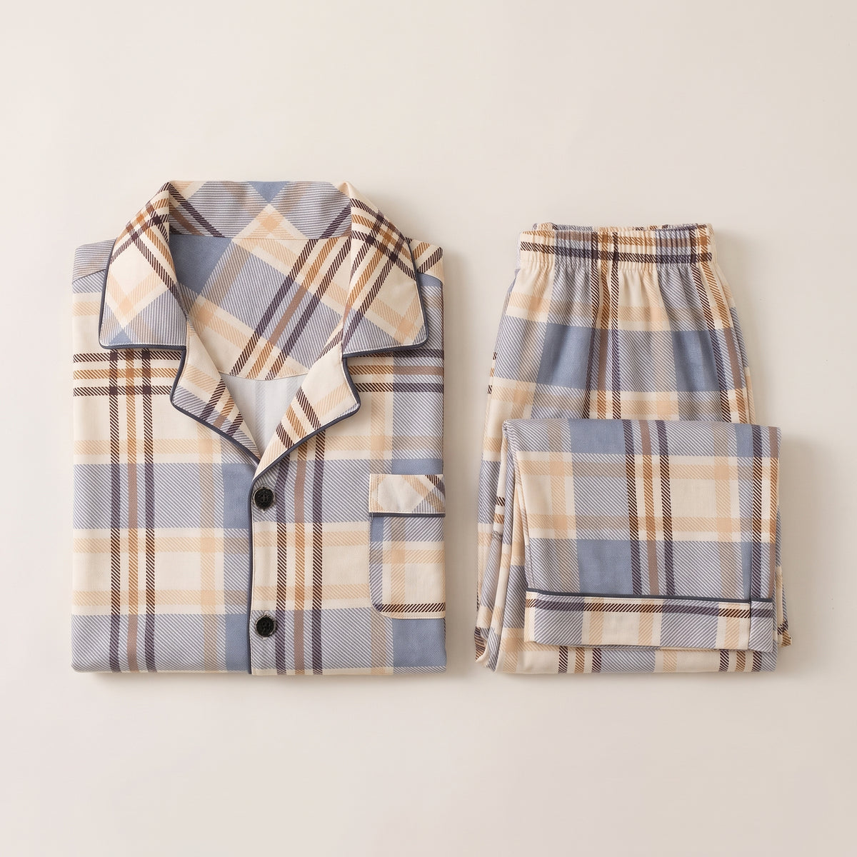 Pyjama à carreaux boutonné pour homme, motif beige