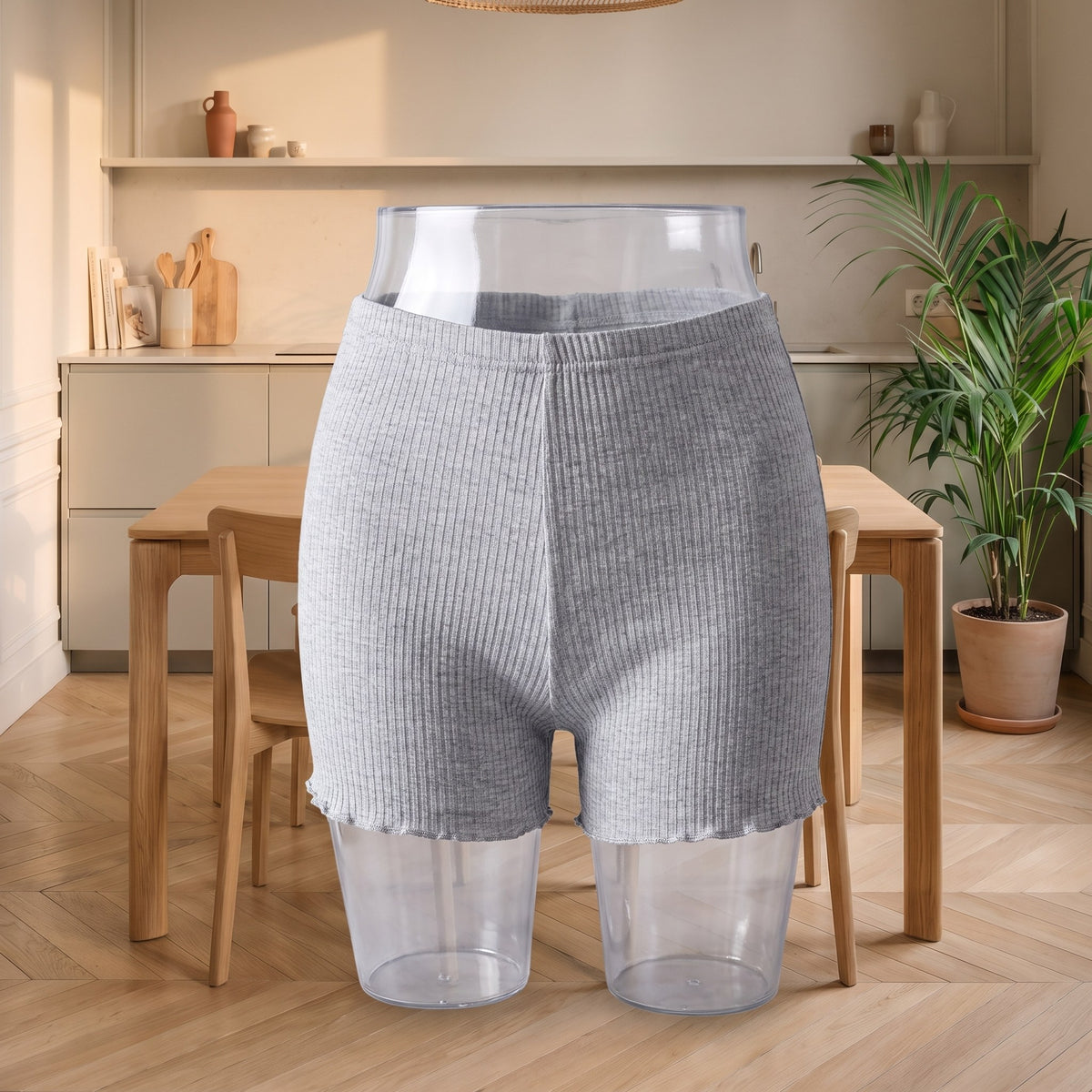 Short boxer léger gris présenté sur un buste transparent, dans le coin repas