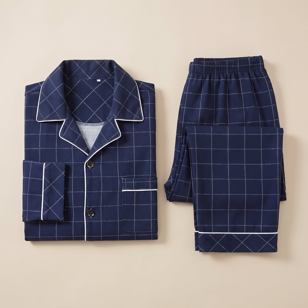 Pyjama à carreaux boutonné pour homme, motif bleu marine à quadrillage fin