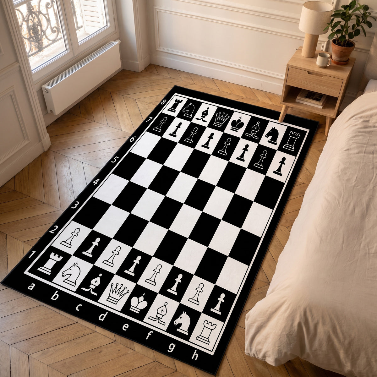 Tapis jeu d'échecs rectangulaire posé le long d'un lit dans une chambre
