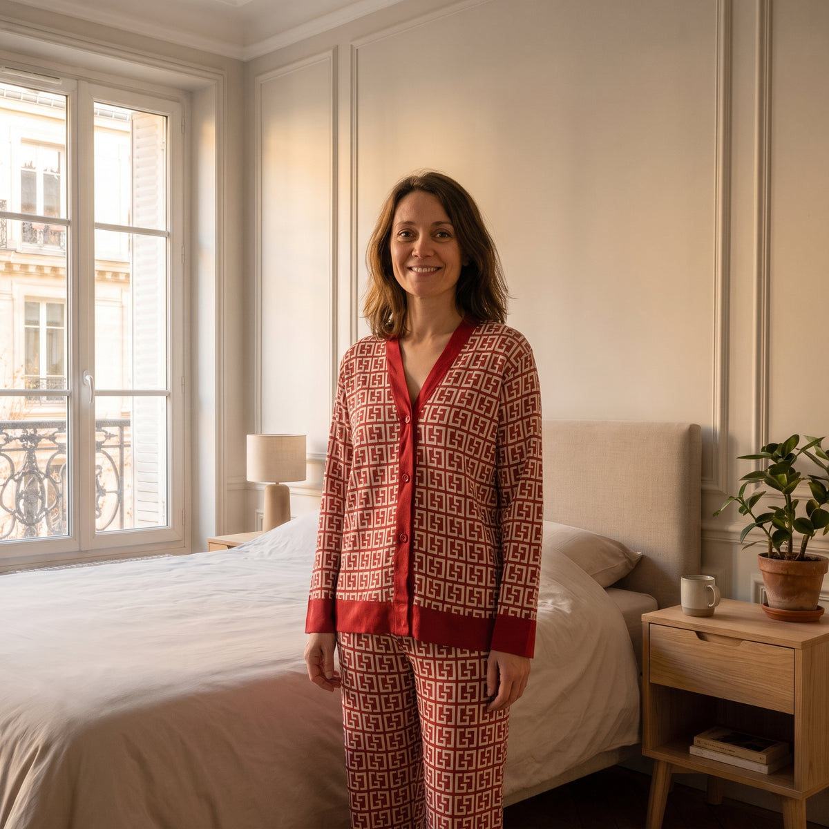 Pyjama en satin imprimé rouge porté dans une chambre, parement rouge assorti