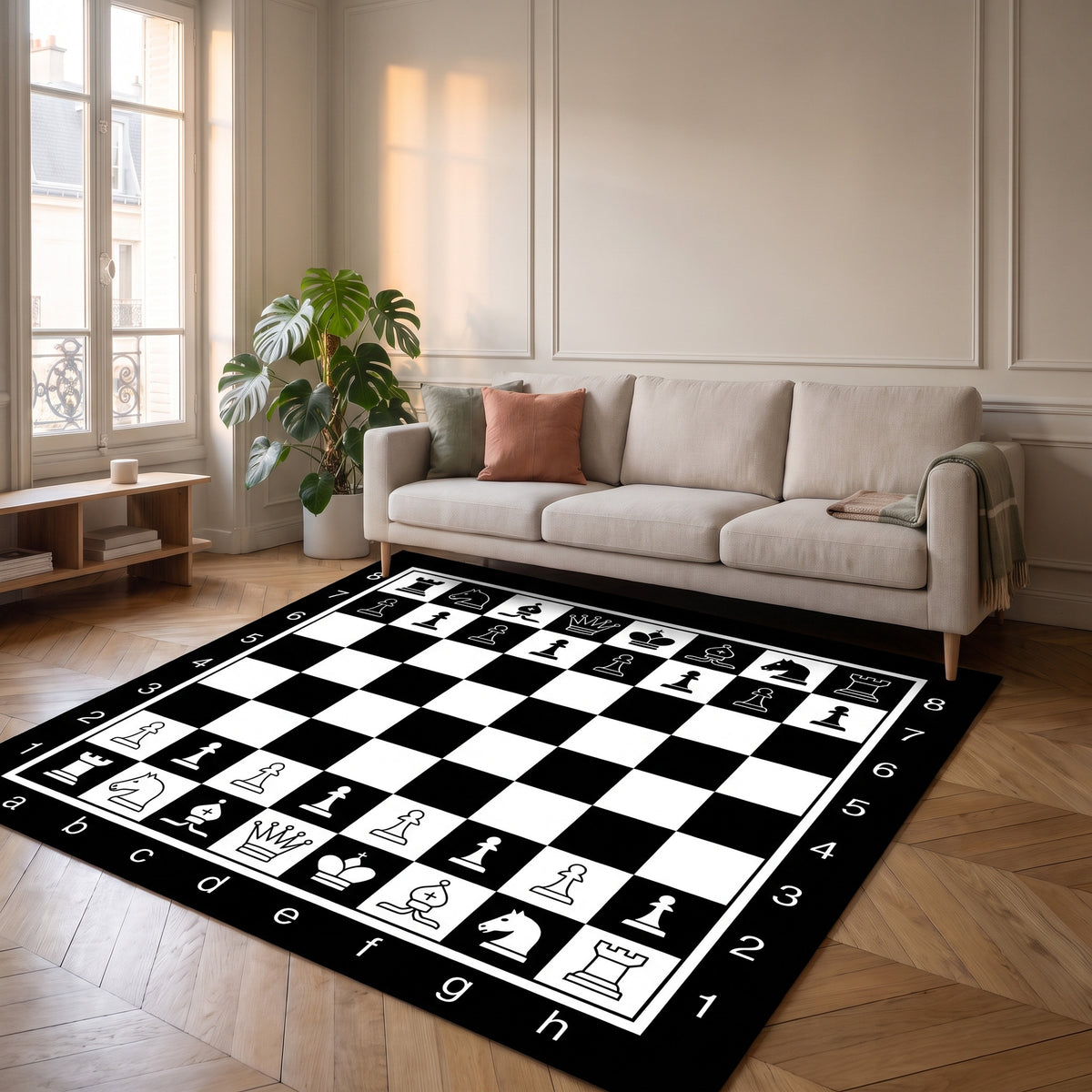 Tapis jeu d'échecs noir et blanc posé devant un canapé dans un salon