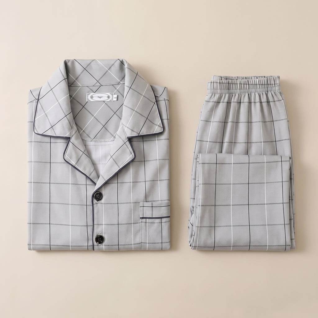 Pyjama à carreaux boutonné pour homme, motif gris clair